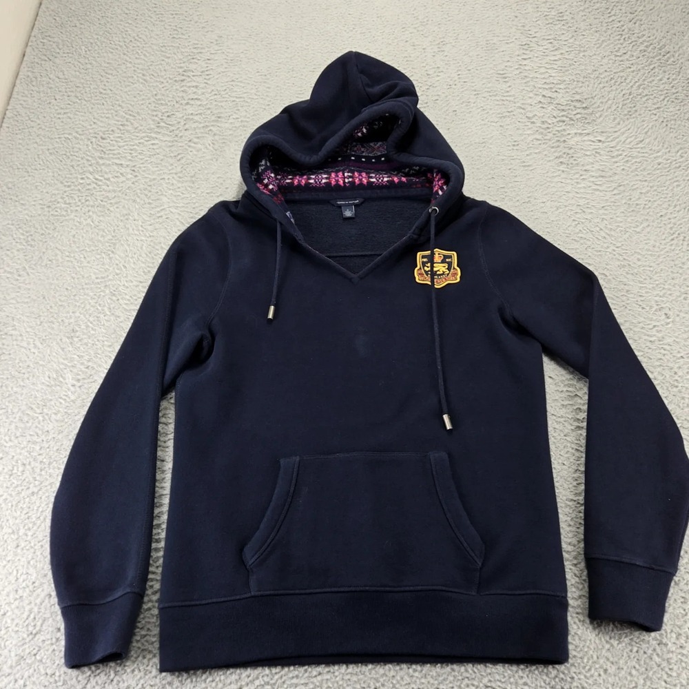Tommy Hilfiger Hoodie Womens M Navy V-Neck Pullover Crest‎ Logo Kangaroo Pocket